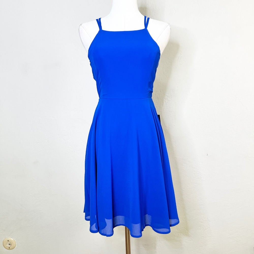 Lulus Dress Mini Royal Blue Lace-Up Back Skater‎ Size Small New Light Strappy